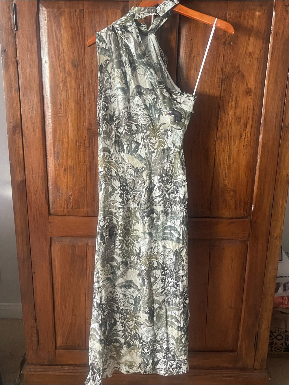 Reiss One-Shoulder Tropical Print Midi Dress in Olive and Cream